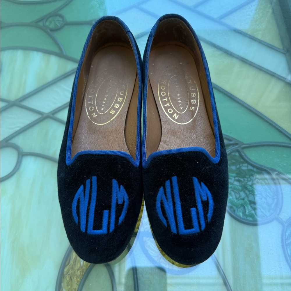 Stubbs & Wootton Black and Blue Women's Loafers - Picture 1 of 8